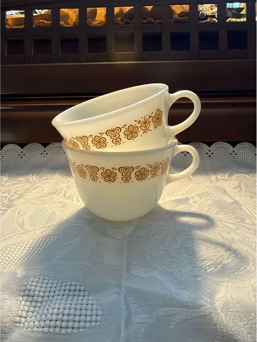 Set of 2! Vintage PYREX CORNING Butterfly Gold Milk Glass Floral Flat Cup Mug